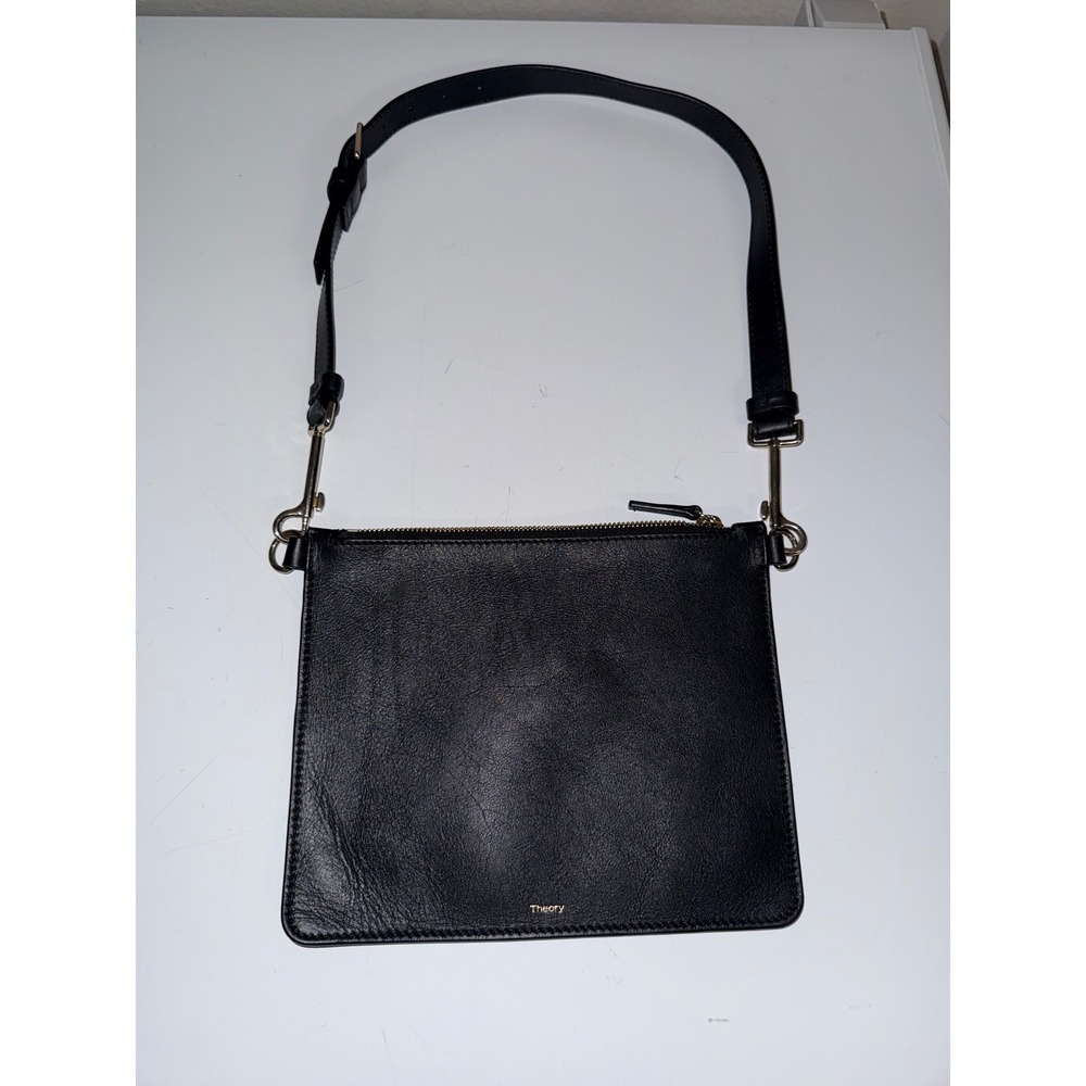 Theory Black Leather Crossbody Bag Gold Hardware Pouch Clutch
